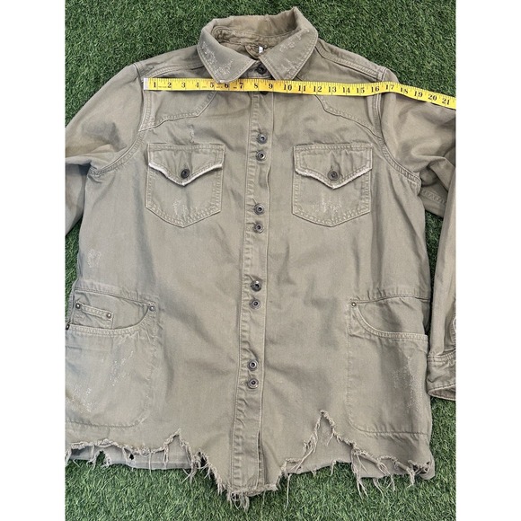 Free People Moonchild Military Shacket Med Green Denim Shirt Jacket Distressed - Picture 13 of 16
